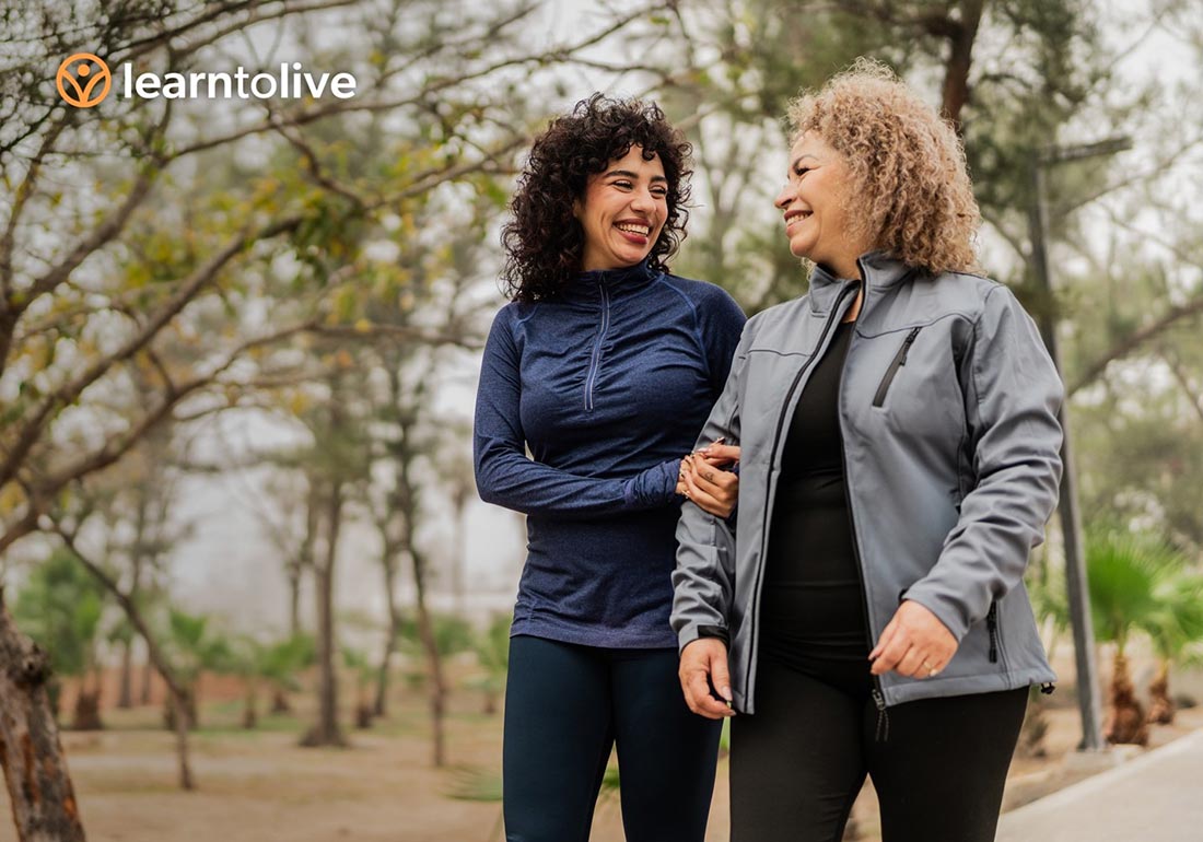 Two women walking outdoors